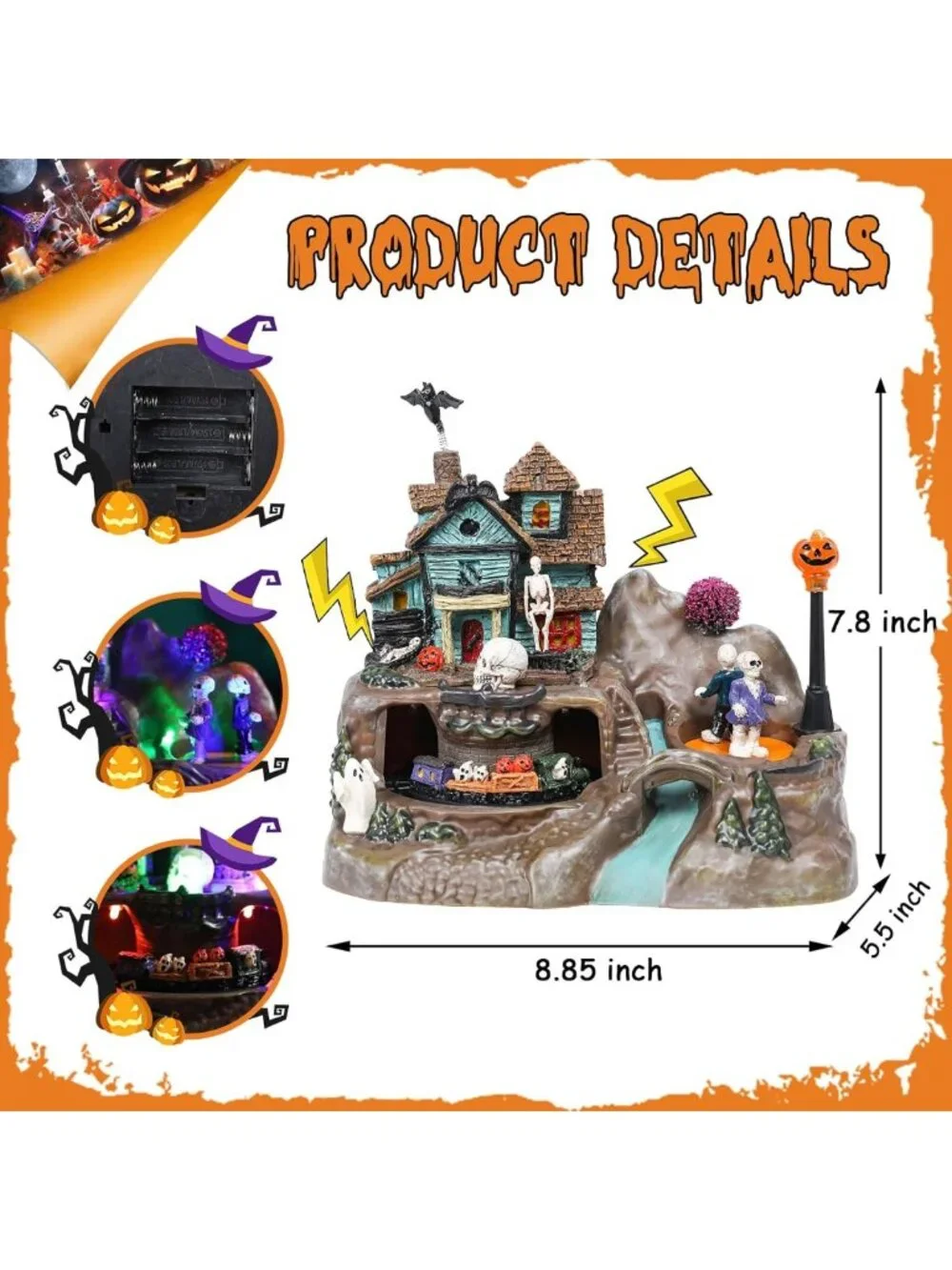Lighted Haunted House Decor with Animated Train, Skull, Ghost & Pumpkin